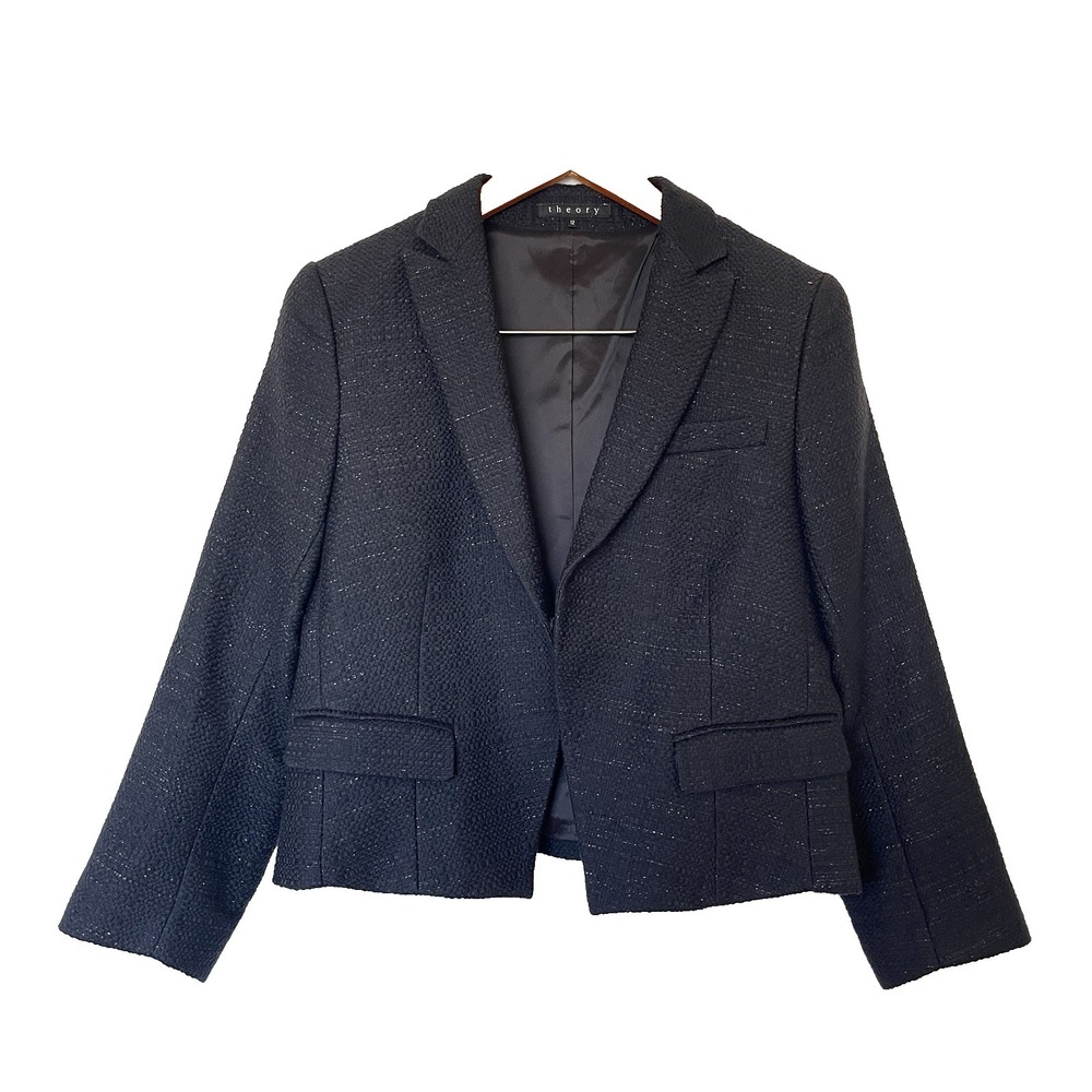 Theory‎ Womens Cropped Tweed Blazer 12 Black Textured Metallic Office Business